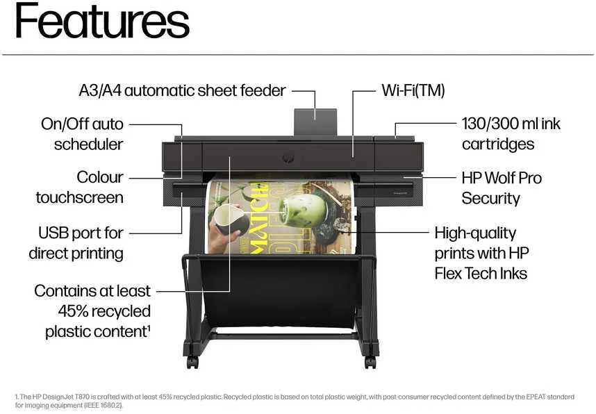 HP DesignJet T870 ploteris - 610 mm (24 colių) didelio formato spausdintuvas - spalvotas - rašalinis - A1 ritinėlis (61,0 cm x 91,4 m) - 2400 x 1200 dpi - iki 0,35 min./puslapis (nespalvotas) / iki 0,35 min./puslapis (spalvotas) - USB 2.0, gigabito LAN, Wi-Fi(n) - pjaustytuvas