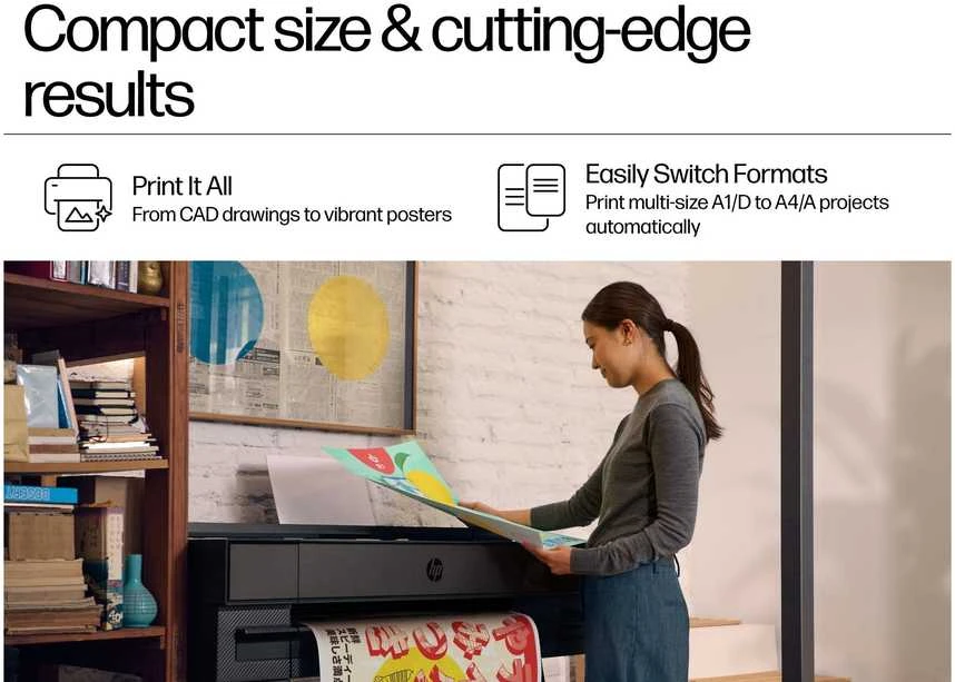 HP DesignJet T870 ploteris - 610 mm (24 colių) didelio formato spausdintuvas - spalvotas - rašalinis - A1 ritinėlis (61,0 cm x 91,4 m) - 2400 x 1200 dpi - iki 0,35 min./puslapis (nespalvotas) / iki 0,35 min./puslapis (spalvotas) - USB 2.0, gigabito LAN, Wi-Fi(n) - pjaustytuvas