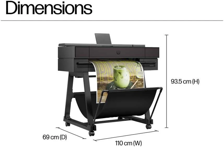 HP DesignJet T870 ploteris - 610 mm (24 colių) didelio formato spausdintuvas - spalvotas - rašalinis - A1 ritinėlis (61,0 cm x 91,4 m) - 2400 x 1200 dpi - iki 0,35 min./puslapis (nespalvotas) / iki 0,35 min./puslapis (spalvotas) - USB 2.0, gigabito LAN, Wi-Fi(n) - pjaustytuvas