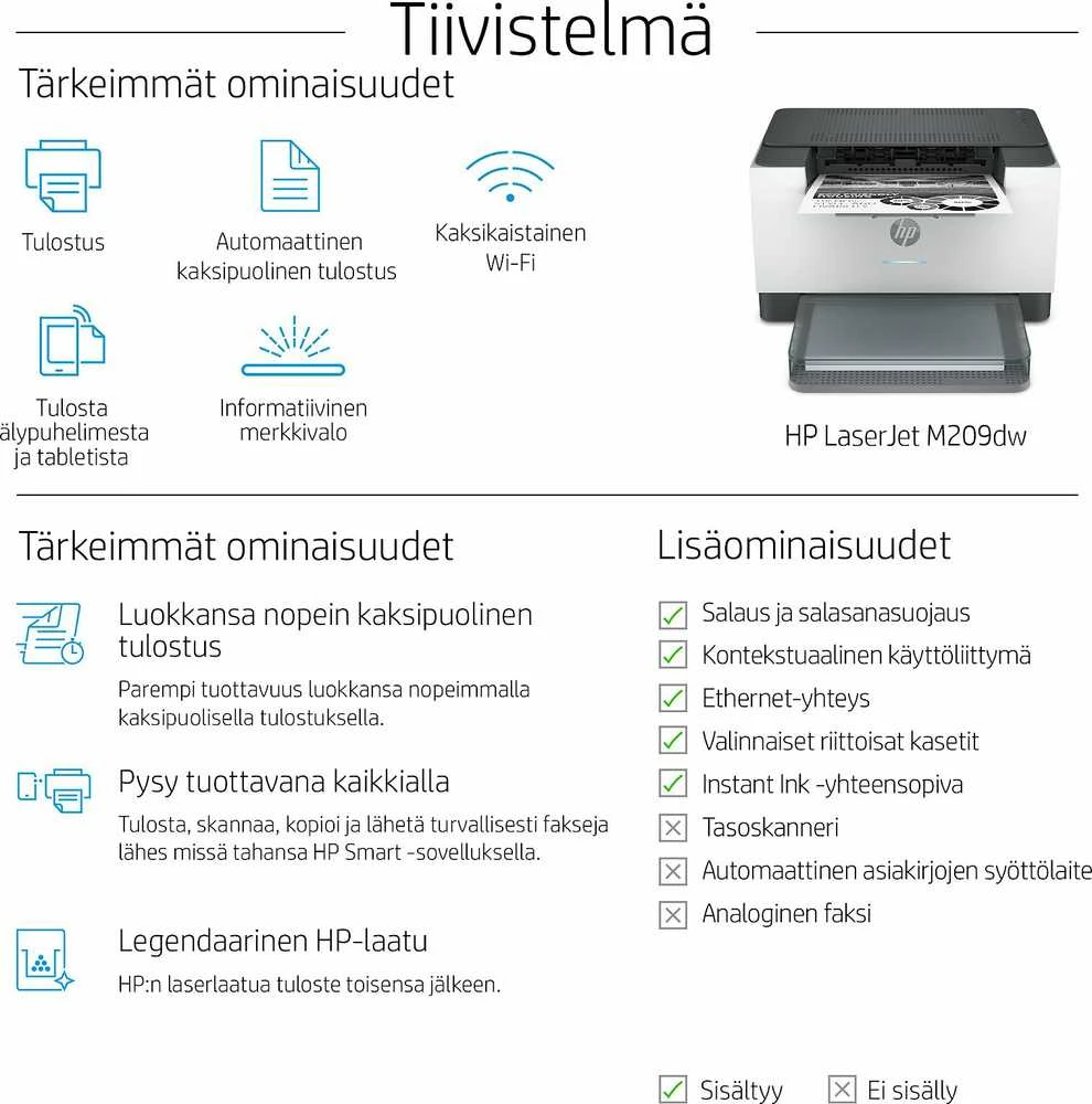 Hewlett Packard (HP) HP LaserJet Pro M209dw Spausdintuvas - A4 Mono lazerinis, Print, Auto-Duplex, LAN, WiFi, 29ppm, 200-2000 pages per month (replaces M102w, M209dwe)