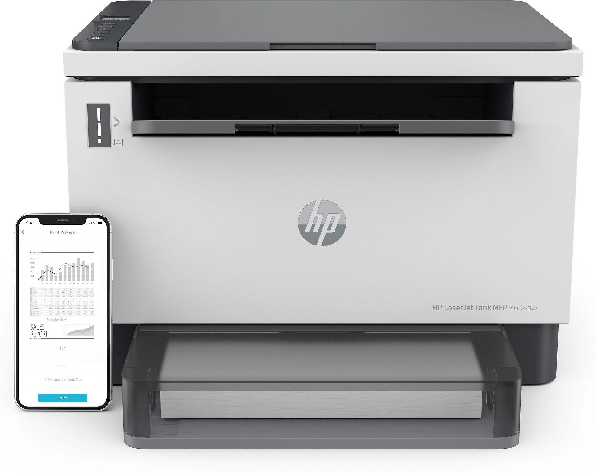 Hewlett Packard (HP) HP LaserJet Tank 2604dw AIO All-in-One Spausdintuvas - A4 Mono lazerinis, Spausdinti/Kopijuoti/Nuskaityti, Auto-Duplex, LAN, Wifi, 22 val., 250-2500 puslapių per mėnesį (pakeičia Neverstop)
