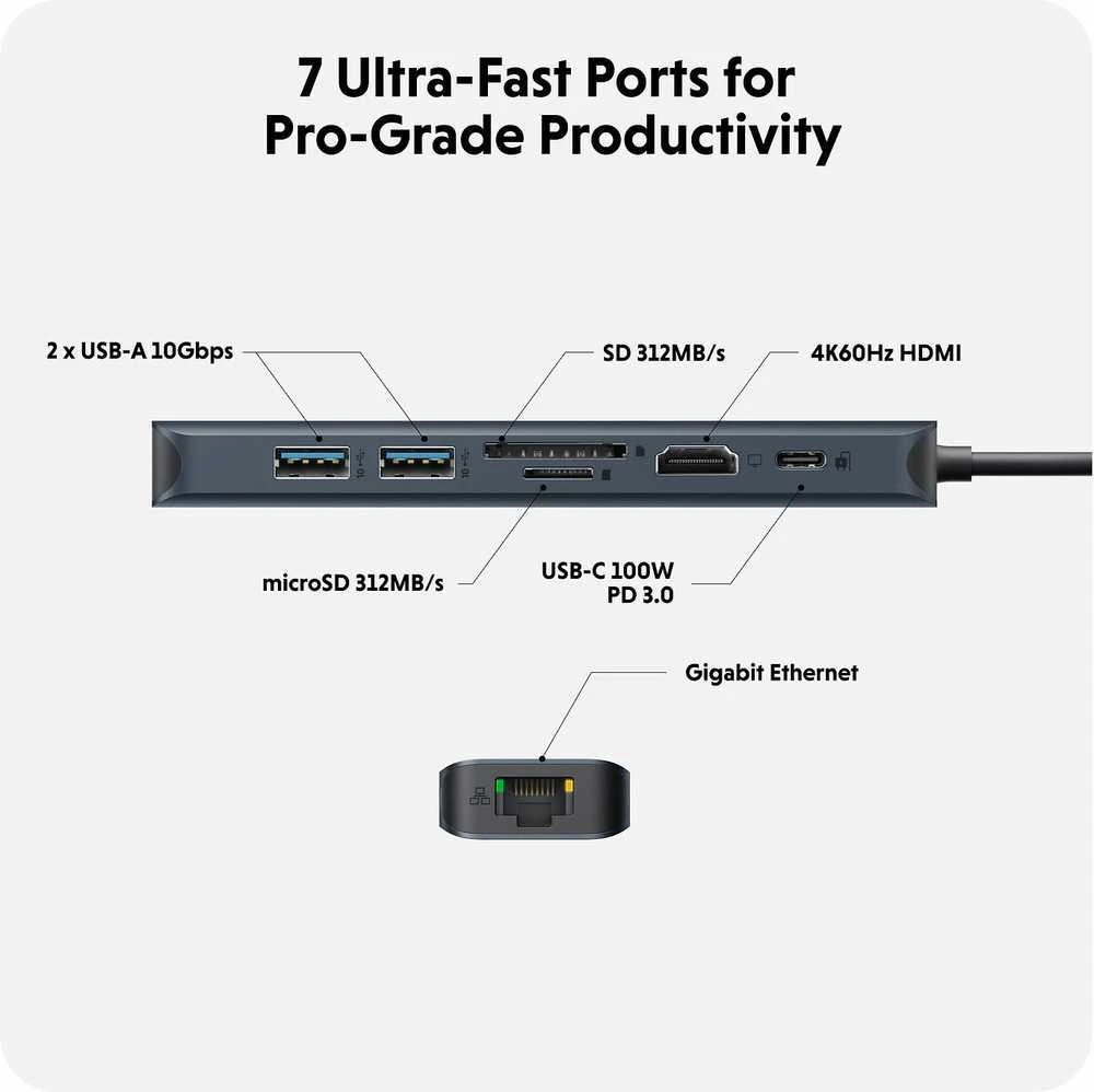 Hiper | „HyperDrive EcoSmart Gen.2“ universalus USB-C 7-in-1 šakotuvas su 100 W PD maitinimo perdavimu