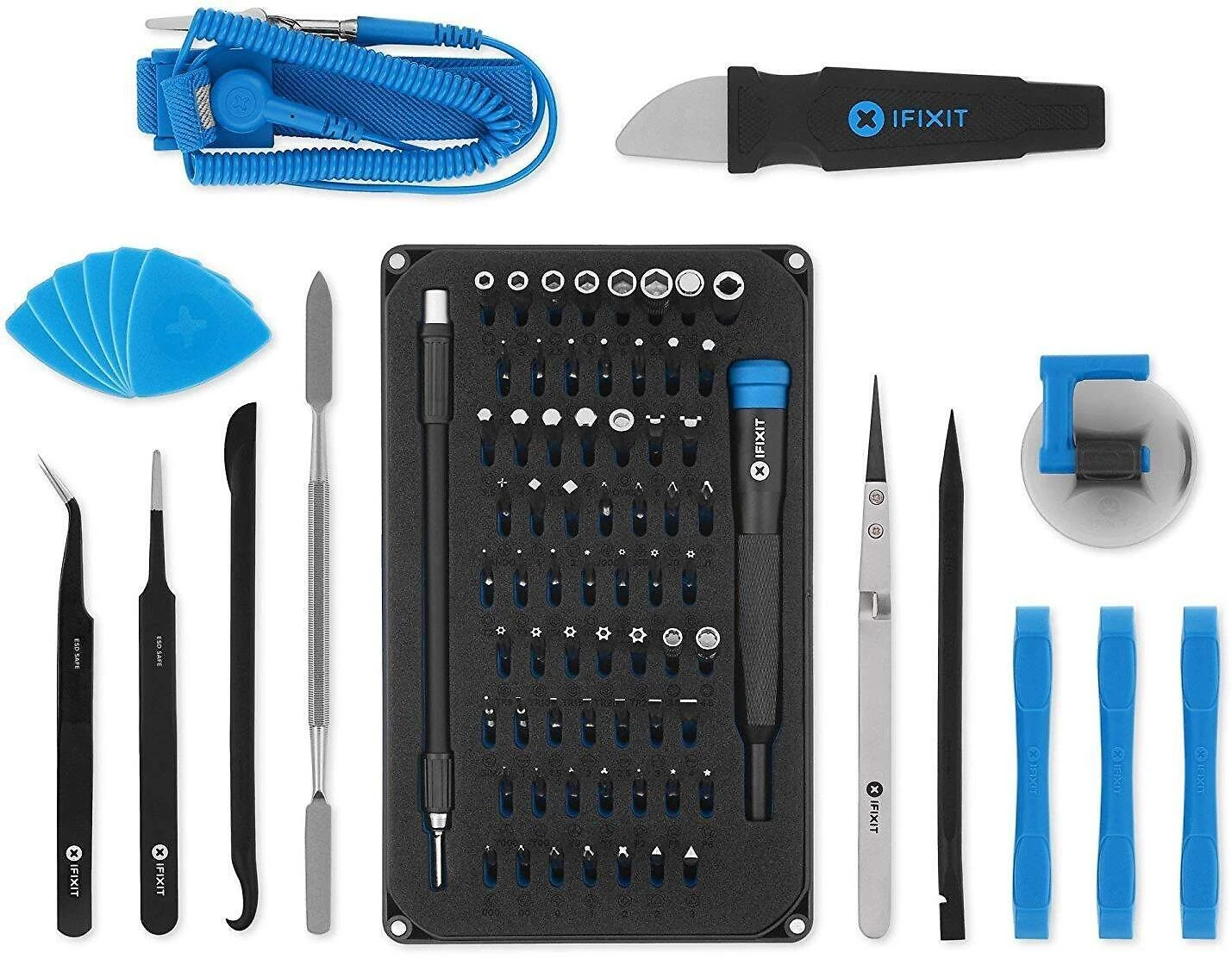 iFixit EU145307 - Įrankių rinkinys - Universalus - Atidarymo kirtiklis,Atsuktuvas,Spudger,Siurbtukas,Pincetas - Juodas,Mėlyna,Pilkas,Nerūdijantis plienas,Permatomas,Baltas - Plokščias,Apsauginis Torx,Veržliaraktis,Torx -3 pincetai