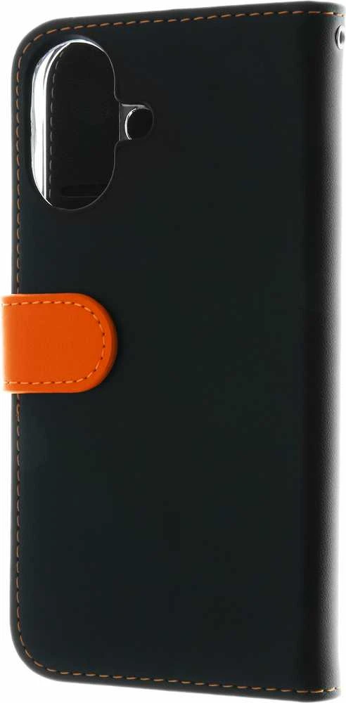 Insmat Exclusive Flip Case piniginės dėklas, Apple iPhone 16, juoda / oranžinė