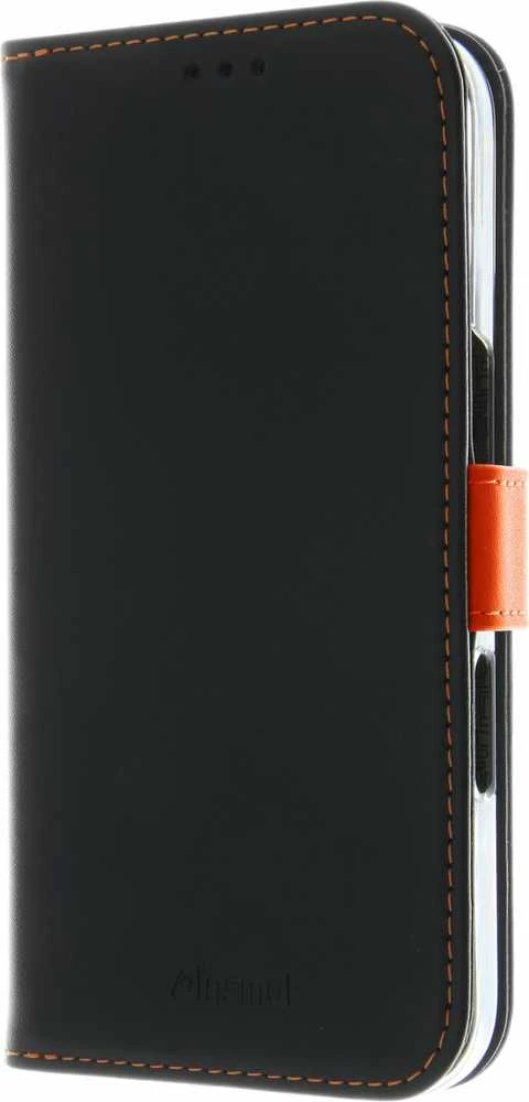 Insmat Exclusive Flip Case piniginės dėklas, Apple iPhone 16, juoda / oranžinė