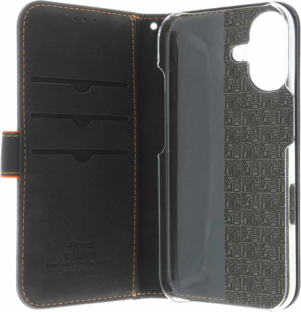 Insmat Exclusive Flip Case piniginės dėklas, Apple iPhone 16, juoda / oranžinė
