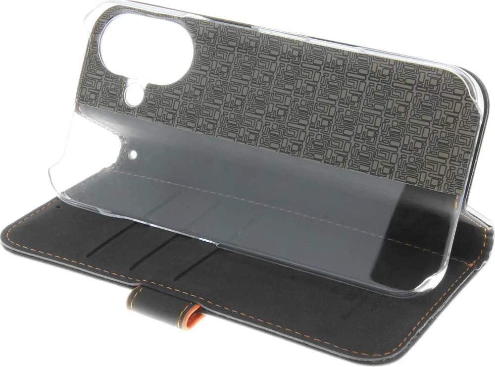 Insmat Exclusive Flip Case piniginės dėklas, Apple iPhone 16, juoda / oranžinė