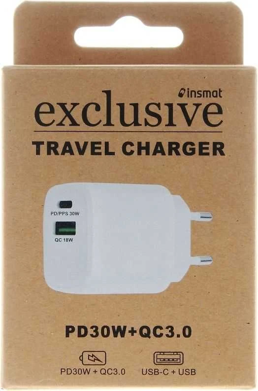 Insmat verkkovirtalaturi USB-C/USB-A, 30 W valkoinen