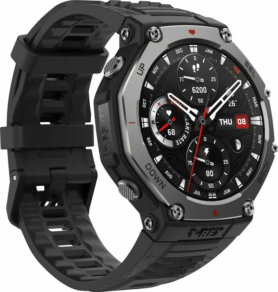 Išmanusis laikrodis Amazfit T-Rex 3, Nerudijančio plieno korpusas su onikso spalvos silikoniniu dirželiu
