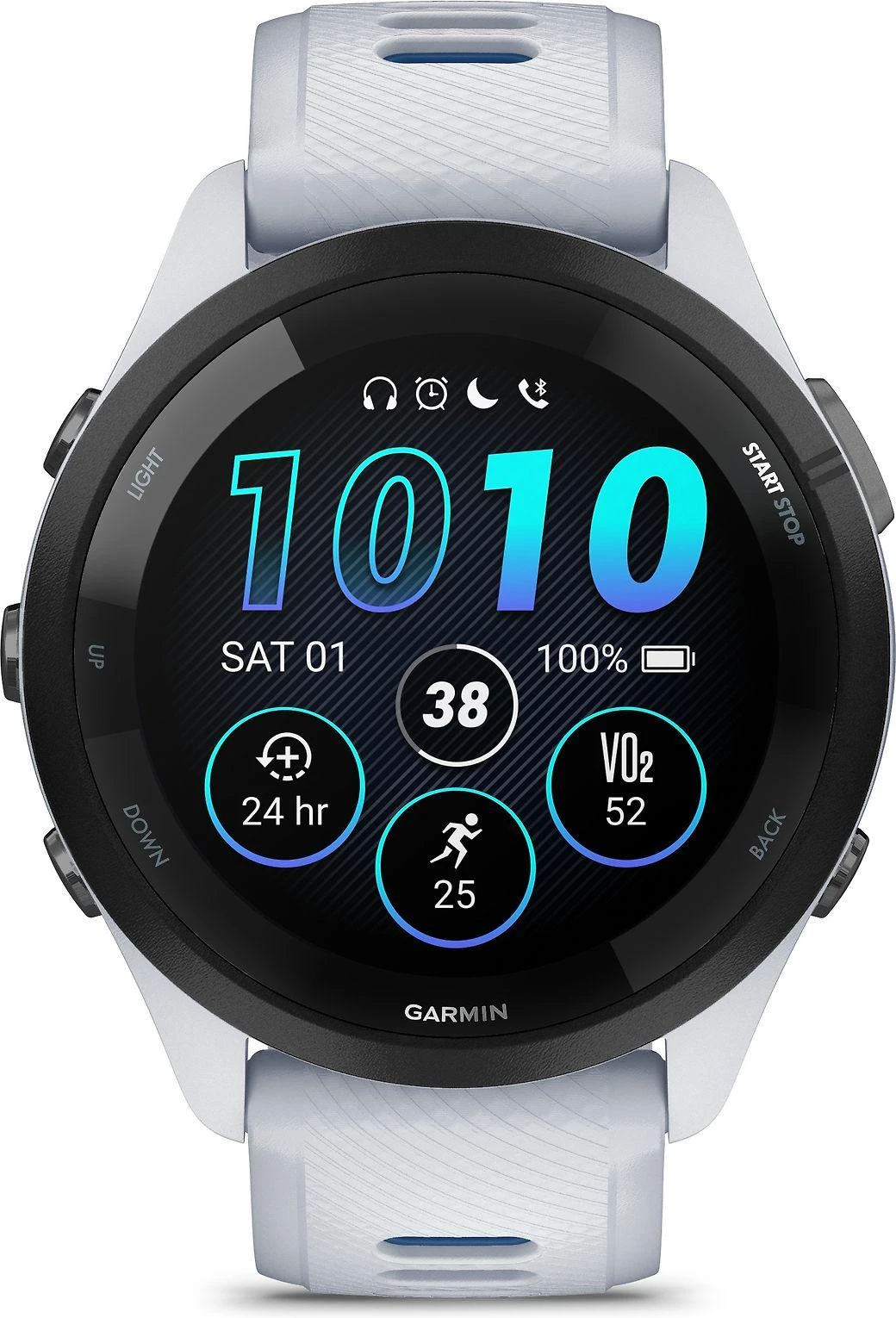 Išmanusis laikrodis Garmin Forerunner 265. Juodas apvadas su baltojo akmens spalvos korpusu ir baltojo akmens bei melsvos spalvos silikoniniu dirželiu