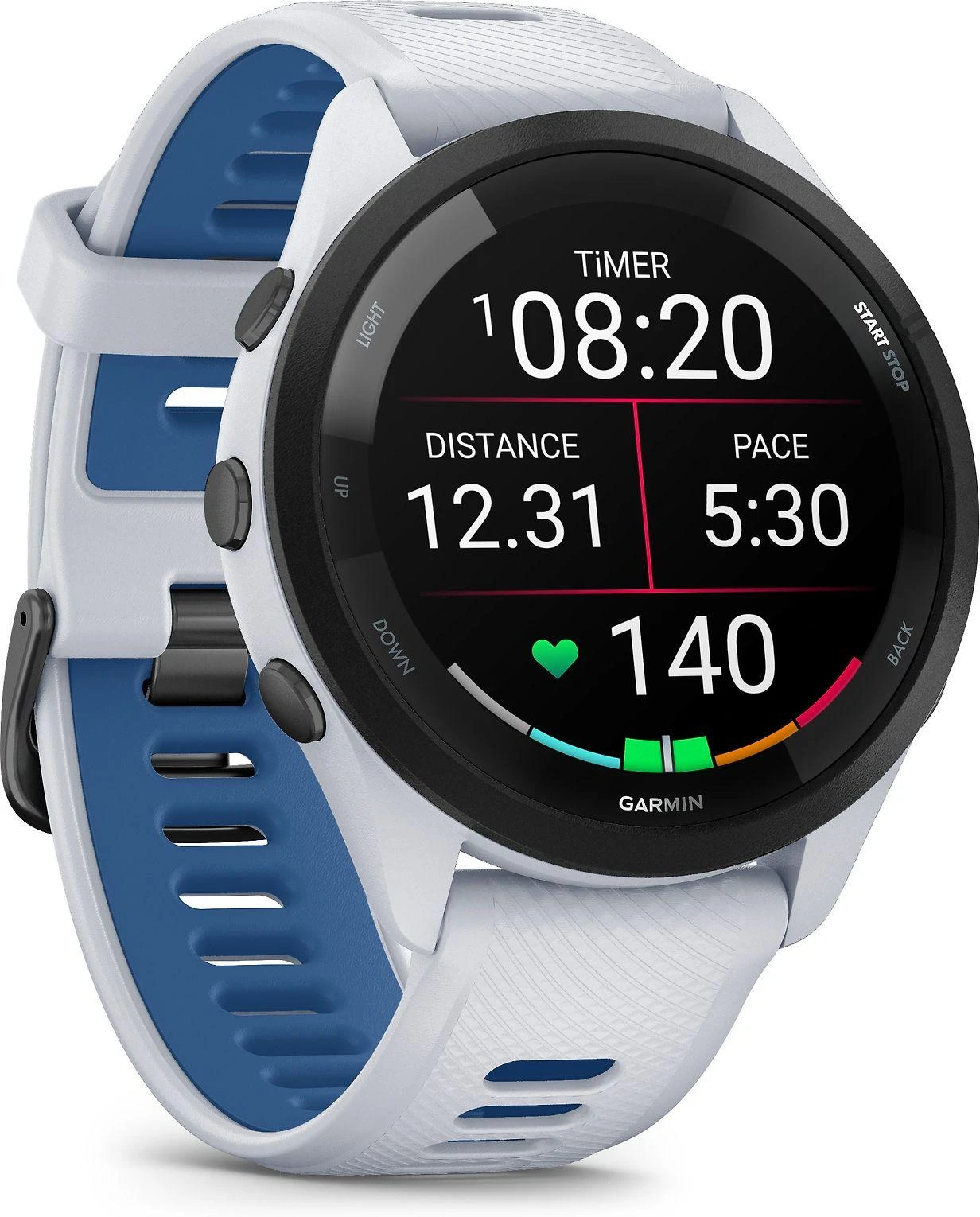 Išmanusis laikrodis Garmin Forerunner 265. Juodas apvadas su baltojo akmens spalvos korpusu ir baltojo akmens bei melsvos spalvos silikoniniu dirželiu