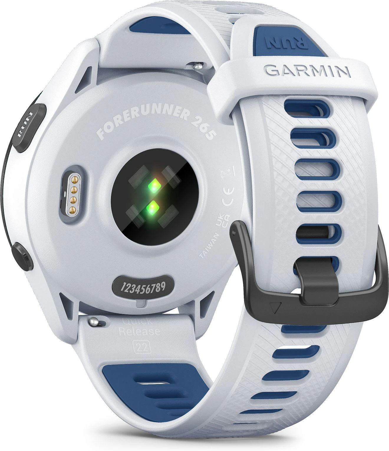 Išmanusis laikrodis Garmin Forerunner 265. Juodas apvadas su baltojo akmens spalvos korpusu ir baltojo akmens bei melsvos spalvos silikoniniu dirželiu
