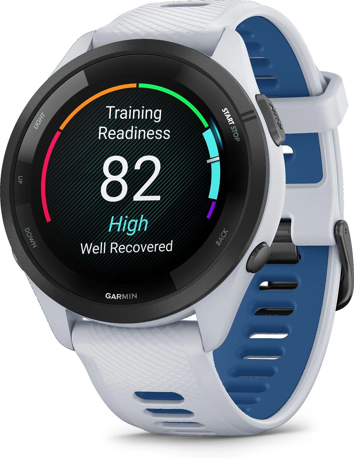Išmanusis laikrodis Garmin Forerunner 265. Juodas apvadas su baltojo akmens spalvos korpusu ir baltojo akmens bei melsvos spalvos silikoniniu dirželiu