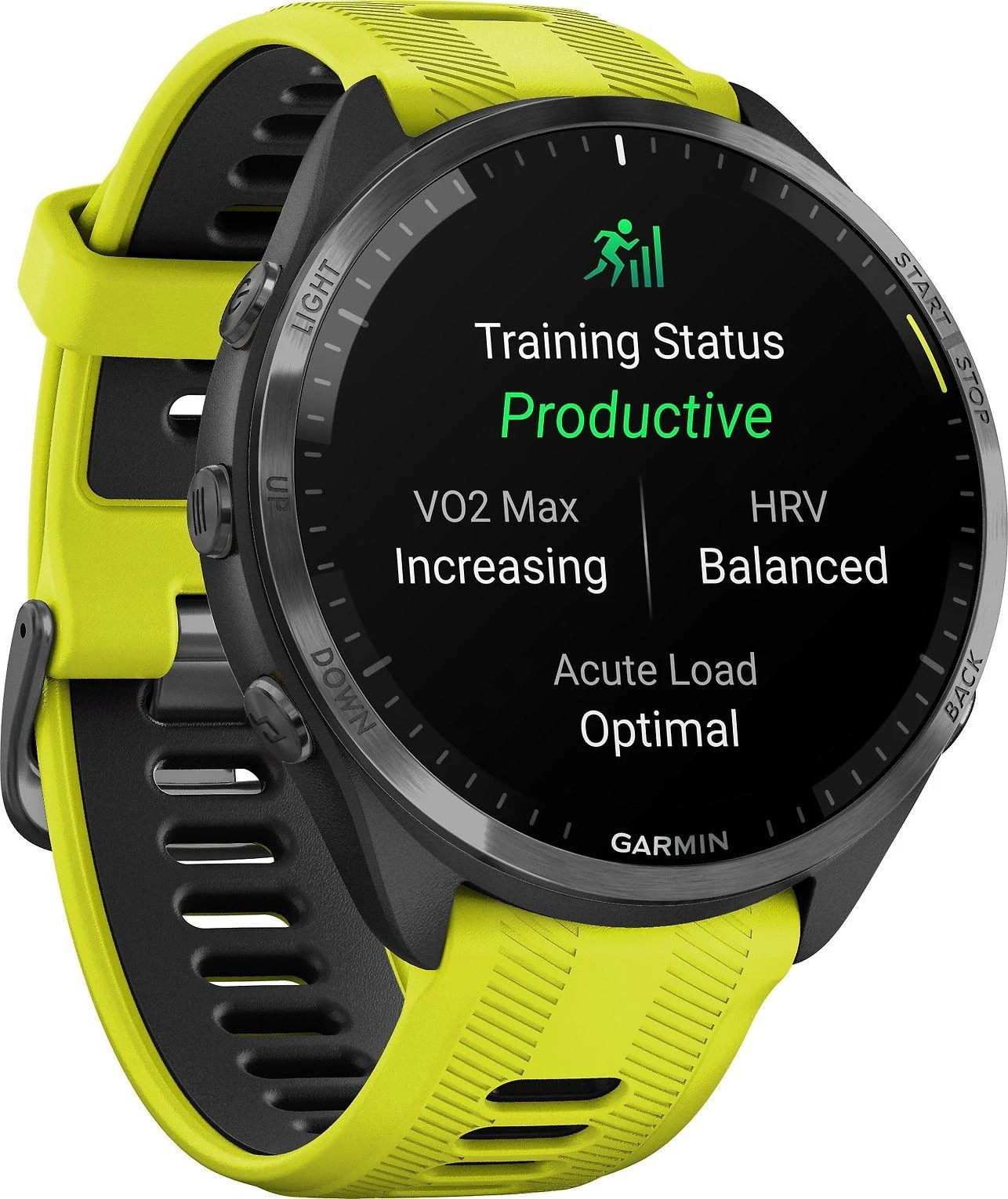 Išmanusis laikrodis Garmin Forerunner 965, Pilkos anglies spalvos korpusas su geltonos spalvos dirželiu