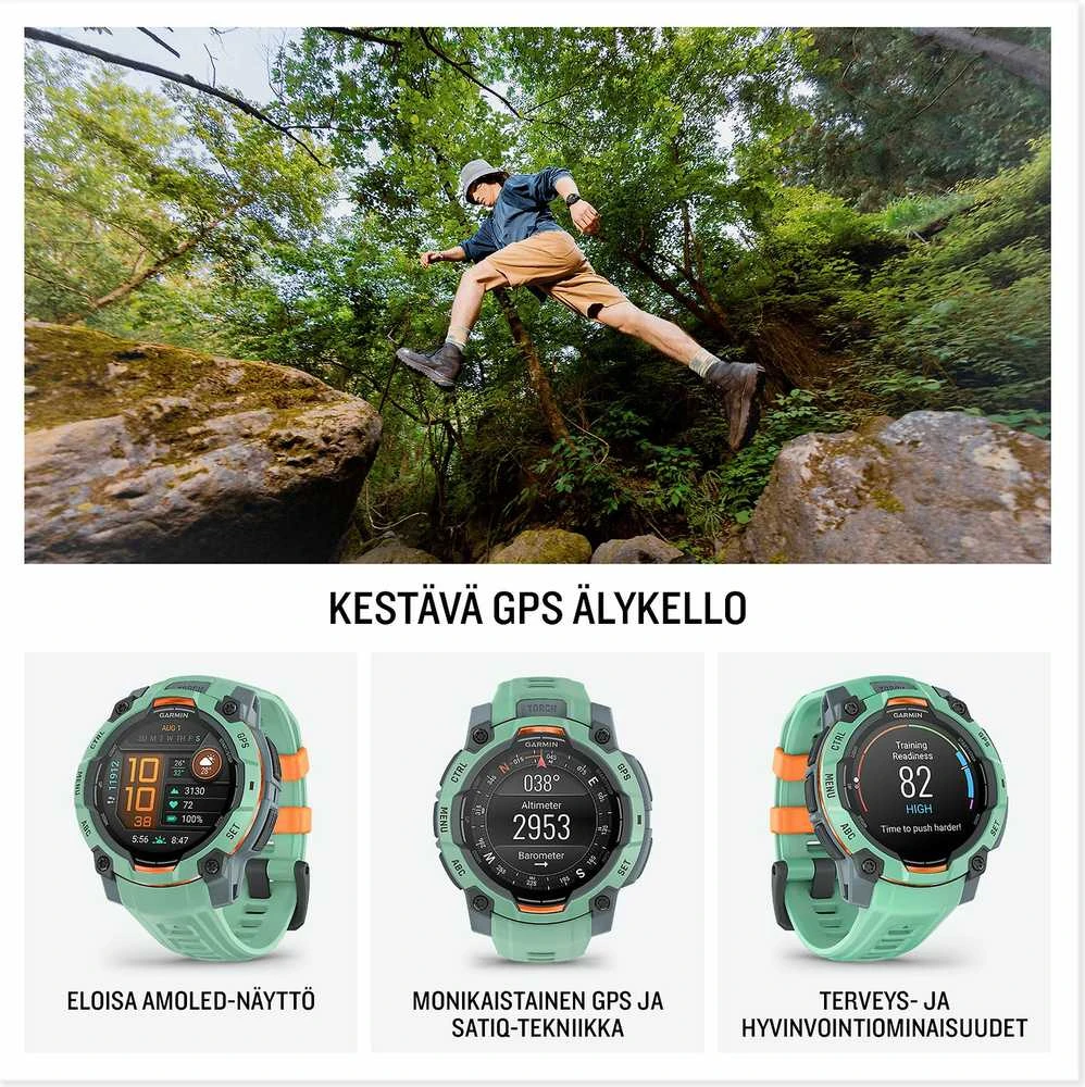 Išmanusis laikrodis Garmin Instinct 3, 50 mm, AMOLED,  Neotropinio dizaino su saulėlydžio dizaino dirželiu