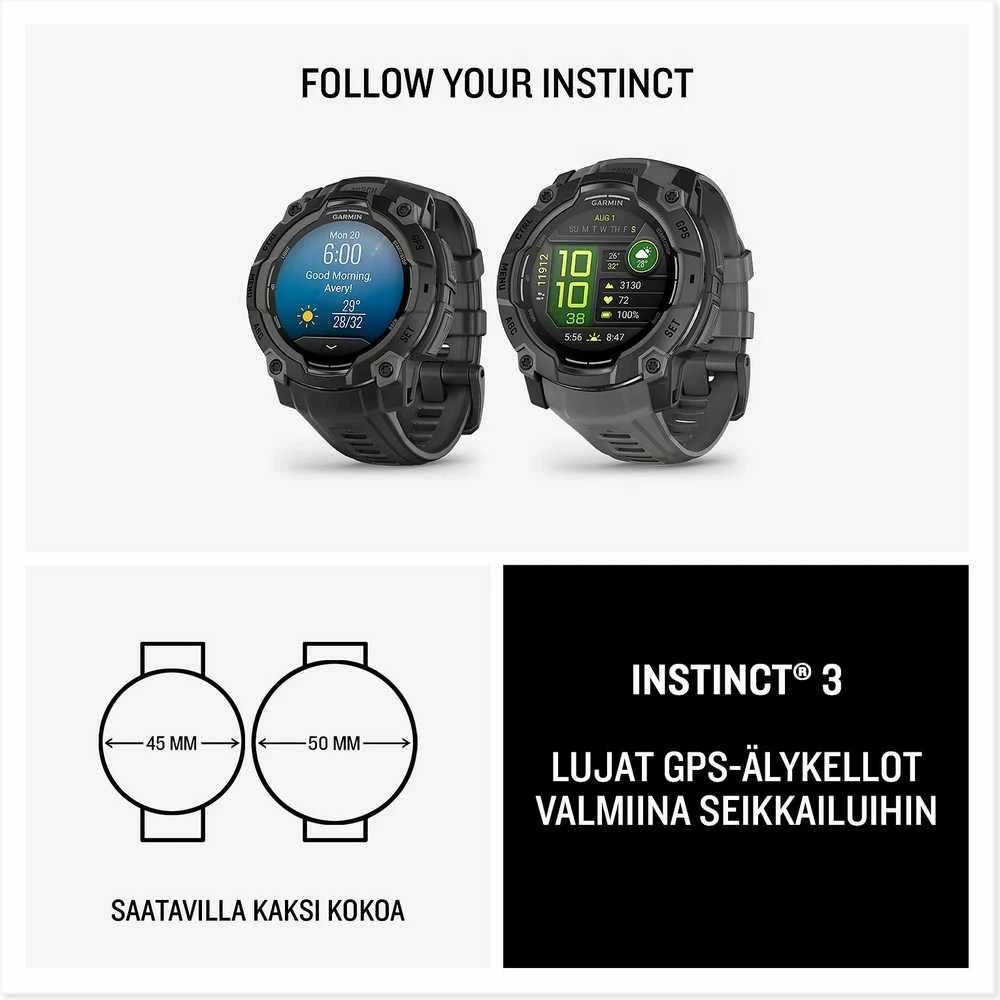 Išmanusis laikrodis Garmin Instinct 3, 50 mm, AMOLED Juodas su anglies spalvos dirželiu