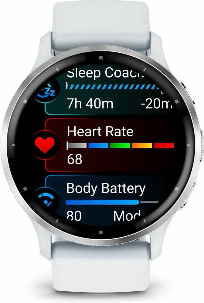 Išmanusis laikrodis Garmin Venu® 3, 45 mm, Sidabro spalvos nerūdijančiojo plieno apvadas su baltojo akmens korpusu ir silikoniniu dirželiu