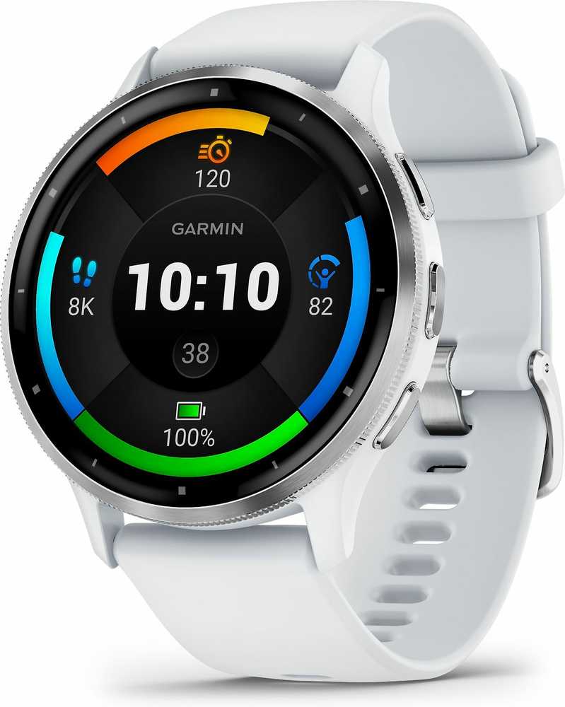Išmanusis laikrodis Garmin Venu® 3, 45 mm, Sidabro spalvos nerūdijančiojo plieno apvadas su baltojo akmens korpusu ir silikoniniu dirželiu