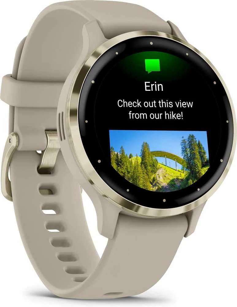 Išmanusis laikrodis GarminVenu® 3S, Šviesaus aukso spalvos nerūdijančiojo plieno apvadas su smėlio spalvos silikoniniu dirželiu