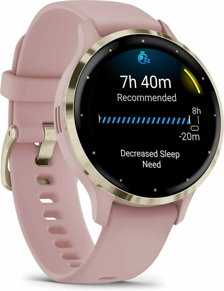 Išmanusis laikrodis Garmin Venu® 3S, Šviesaus aukso spalvos nerūdijančiojo plieno apvadas su pilkai rausvos spalvos korpusu ir silikoniniu dirželiu