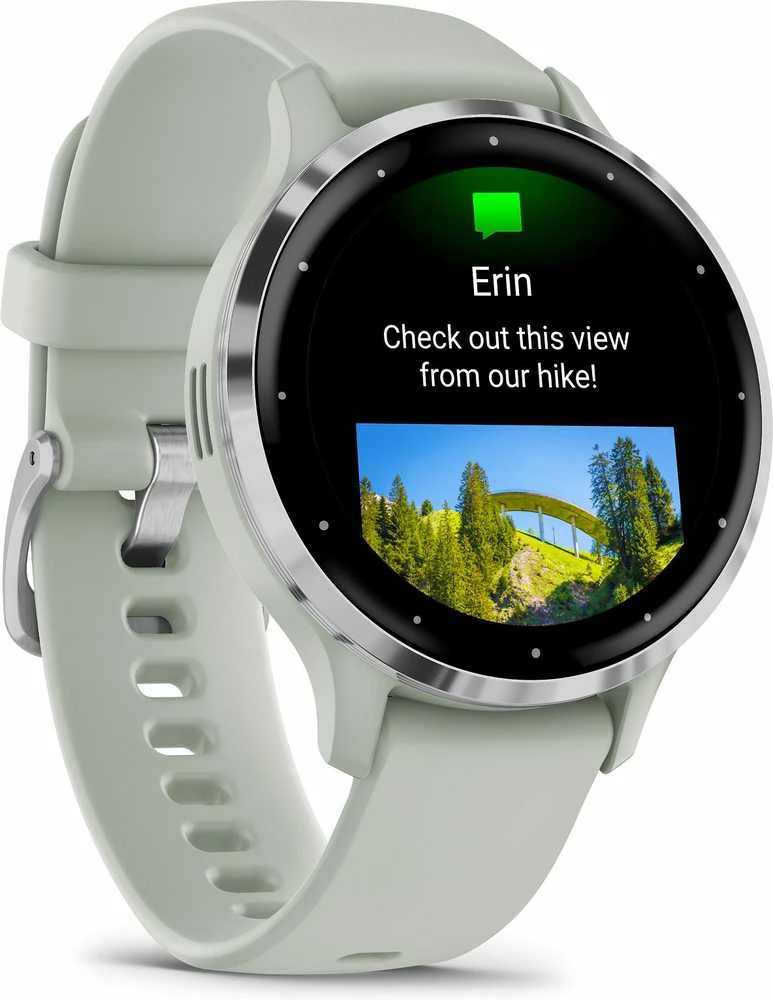Išmanusis laikrodis Garmin Venu® 3S, Sidabro spalvos nerūdijančiojo plieno apvadas, su žaliai pilkos spalvos korpusu ir silikoniniu dirželiu