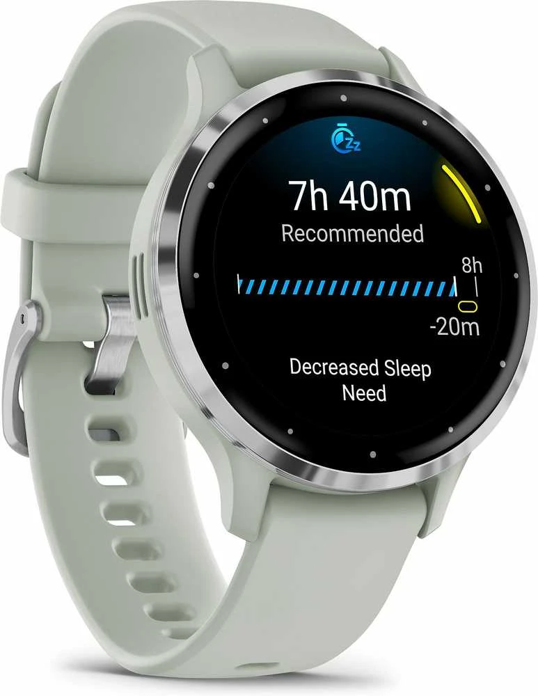 Išmanusis laikrodis Garmin Venu® 3S, Sidabro spalvos nerūdijančiojo plieno apvadas, su žaliai pilkos spalvos korpusu ir silikoniniu dirželiu