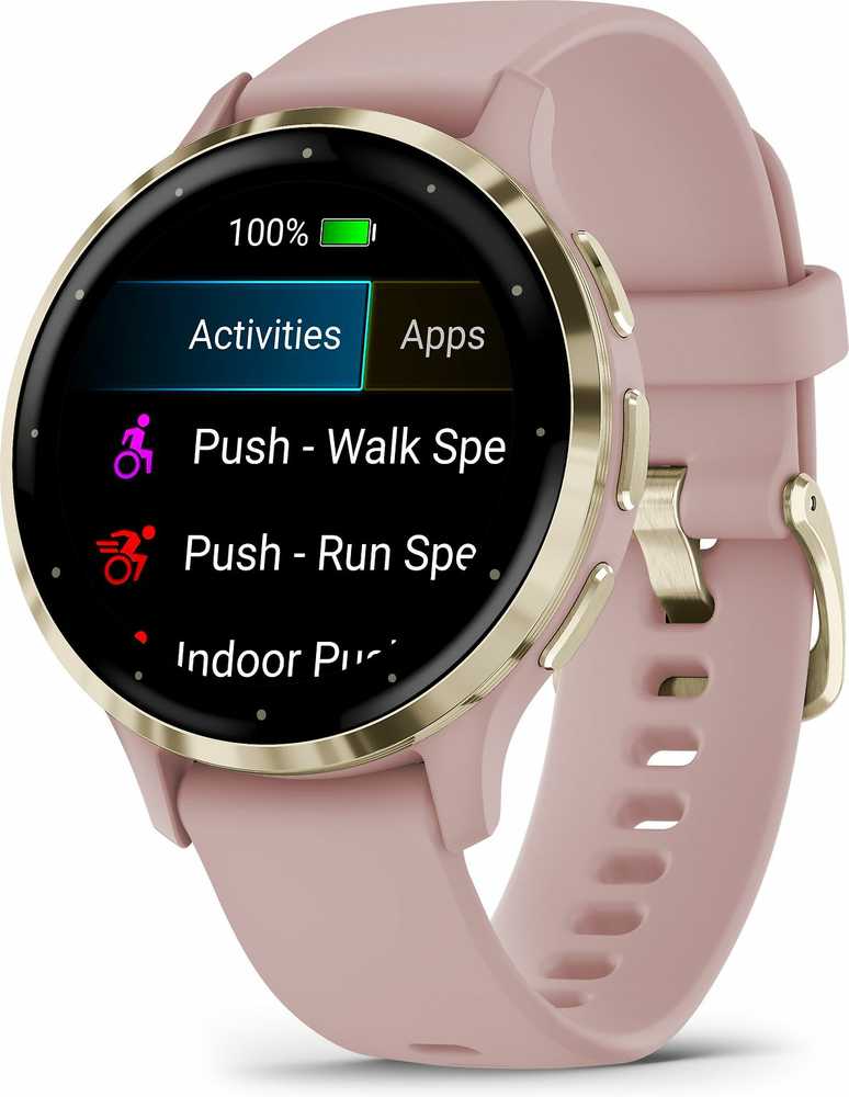 Išmanusis laikrodis Garmin Venu® 3S, Šviesaus aukso spalvos nerūdijančiojo plieno apvadas su pilkai rausvos spalvos korpusu ir silikoniniu dirželiu