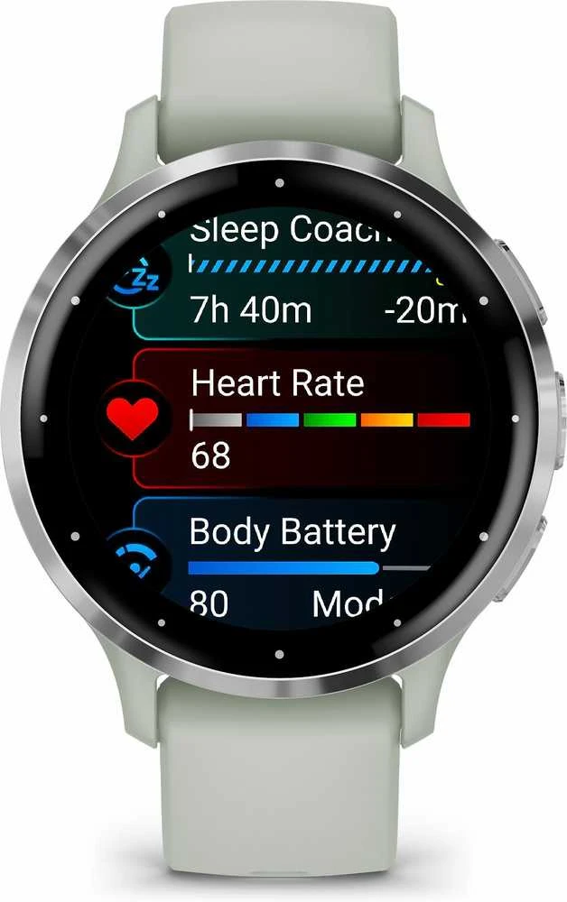 Išmanusis laikrodis Garmin Venu® 3S, Sidabro spalvos nerūdijančiojo plieno apvadas, su žaliai pilkos spalvos korpusu ir silikoniniu dirželiu