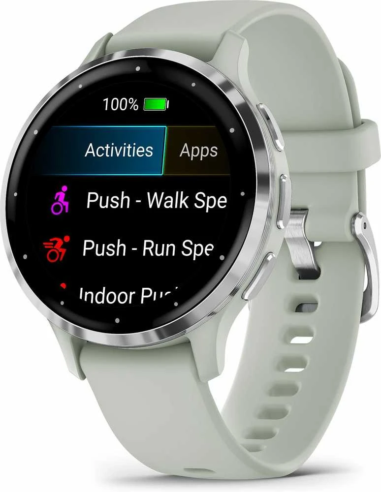 Išmanusis laikrodis Garmin Venu® 3S, Sidabro spalvos nerūdijančiojo plieno apvadas, su žaliai pilkos spalvos korpusu ir silikoniniu dirželiu