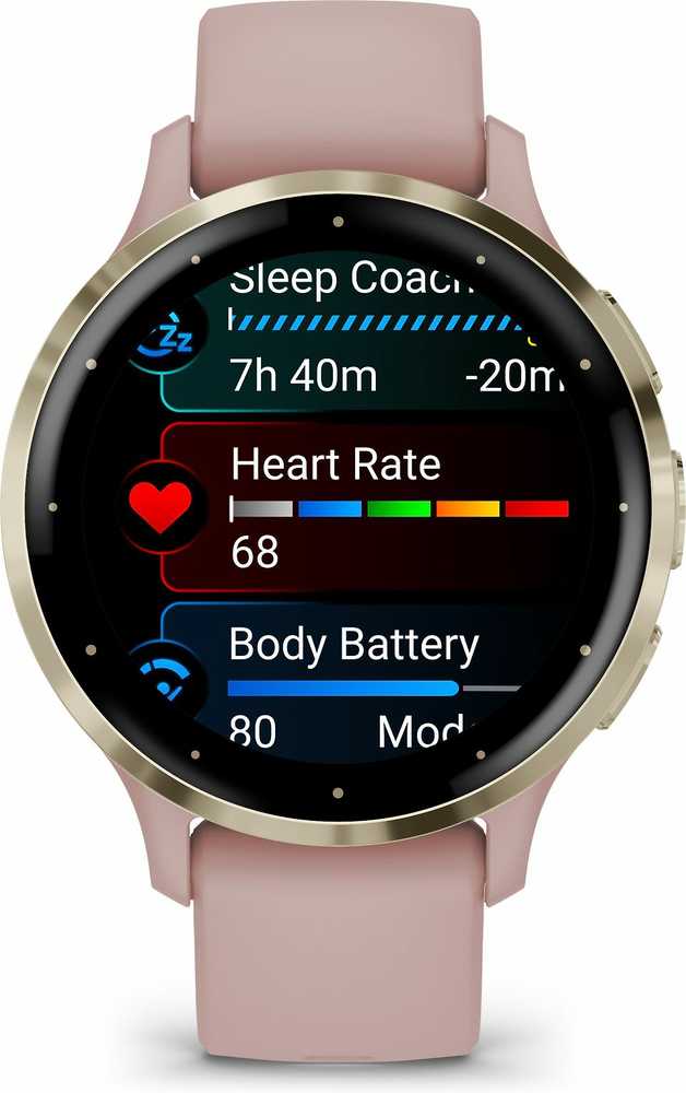 Išmanusis laikrodis Garmin Venu® 3S, Šviesaus aukso spalvos nerūdijančiojo plieno apvadas su pilkai rausvos spalvos korpusu ir silikoniniu dirželiu