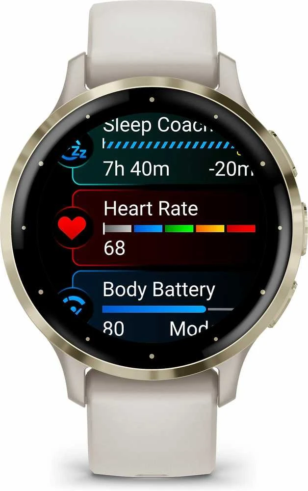 Išmanusis laikrodis Garmin Venu® 3S, Šviesaus aukso spalvos nerūdijančiojo plieno apvadas su dramblio kaulo spalvos korpusu ir silikoniniu dirželiu