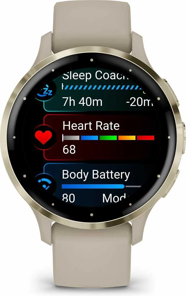 Išmanusis laikrodis GarminVenu® 3S, Šviesaus aukso spalvos nerūdijančiojo plieno apvadas su smėlio spalvos silikoniniu dirželiu