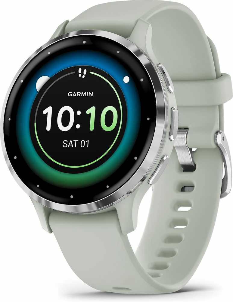 Išmanusis laikrodis Garmin Venu® 3S, Sidabro spalvos nerūdijančiojo plieno apvadas, su žaliai pilkos spalvos korpusu ir silikoniniu dirželiu