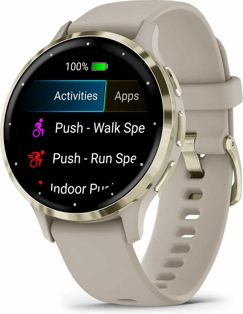Išmanusis laikrodis GarminVenu® 3S, Šviesaus aukso spalvos nerūdijančiojo plieno apvadas su smėlio spalvos silikoniniu dirželiu