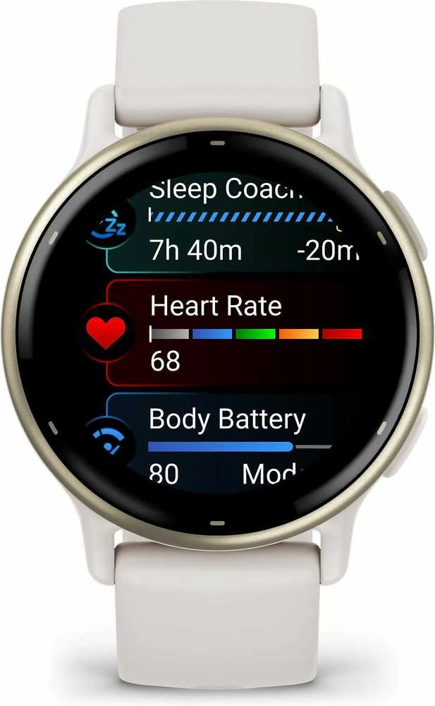 Išmanusis laikrodis Garmin vívoactive® 5 Kreminės aukso spalvos aliuminio apvadas su dramblio kaulo spalvos korpusu ir silikoniniu dirželiu