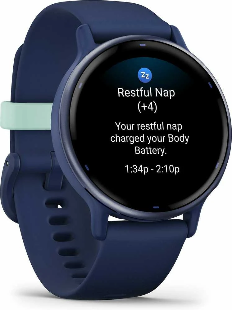 Išmanusis laikrodis Garmin vívoactive® 5 Mėlynos metalo spalvos aliuminio apvadas su mėlynu korpusu ir silikoniniu dirželiu