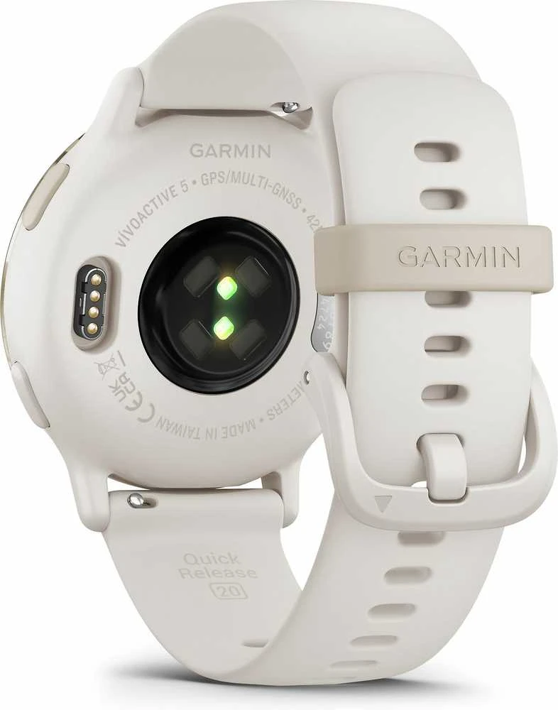 Išmanusis laikrodis Garmin vívoactive® 5 Kreminės aukso spalvos aliuminio apvadas su dramblio kaulo spalvos korpusu ir silikoniniu dirželiu