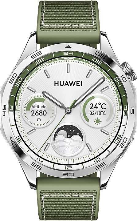 Išmanusis laikrodis Huawei Watch GT 4 Active (46 mm), Nerūdijančio plieno korpusas su austu žalios spalvos kompoziciniu dirželiu
