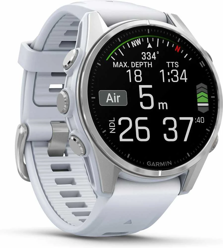 Išmanusis laikrodis Garmin Fenix 8 – 43 mm, AMOLED Sidabrinės spalvos korpusas su baltojo akmens spalvos silikoniniu dirželiu