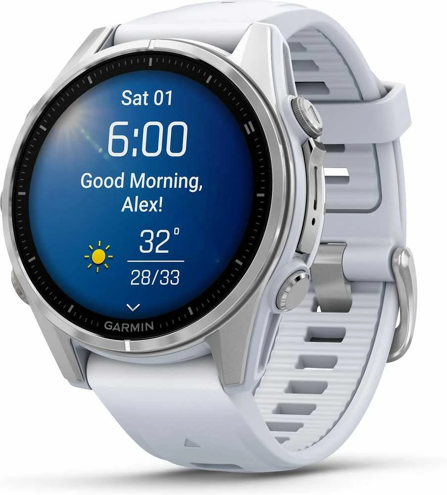 Išmanusis laikrodis Garmin Fenix 8 – 43 mm, AMOLED Sidabrinės spalvos korpusas su baltojo akmens spalvos silikoniniu dirželiu