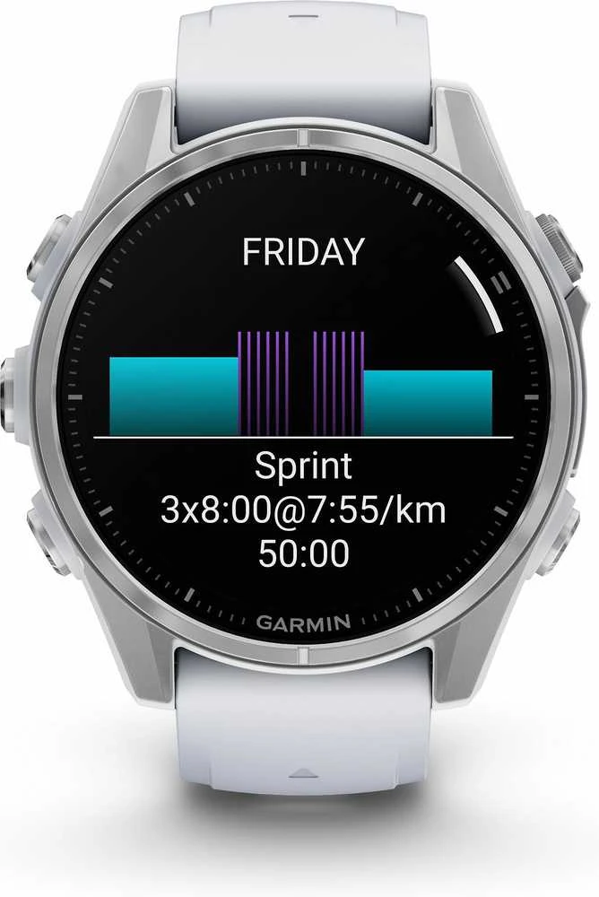 Išmanusis laikrodis Garmin Fenix 8 – 43 mm, AMOLED Sidabrinės spalvos korpusas su baltojo akmens spalvos silikoniniu dirželiu