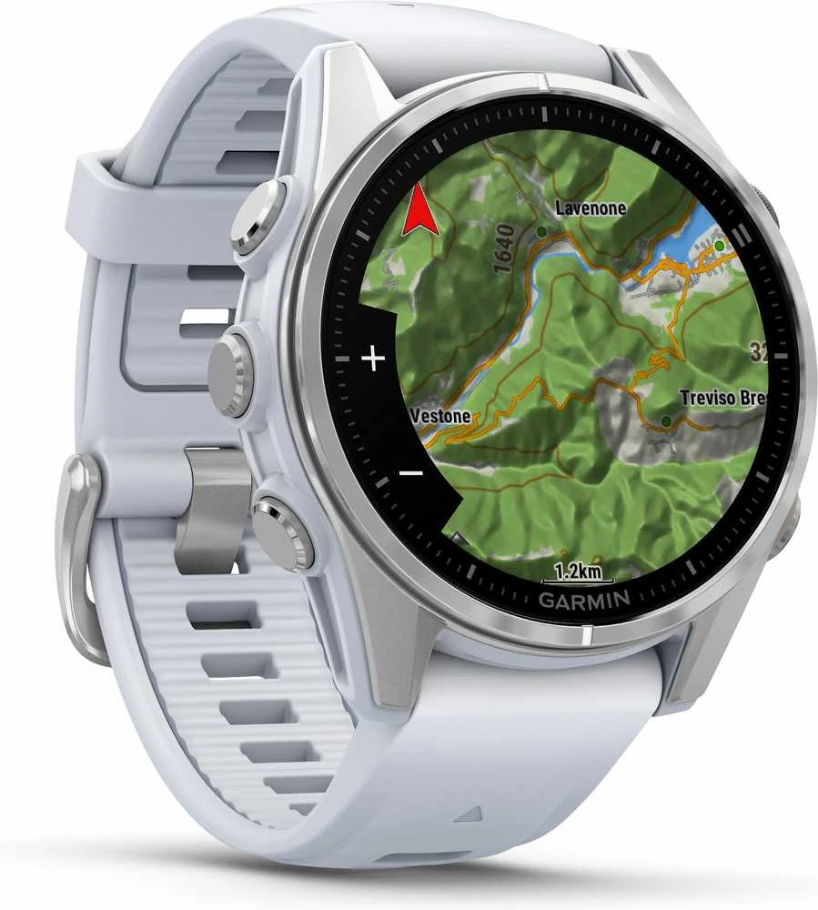Išmanusis laikrodis Garmin Fenix 8 – 43 mm, AMOLED Sidabrinės spalvos korpusas su baltojo akmens spalvos silikoniniu dirželiu