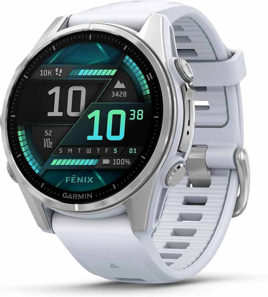 Išmanusis laikrodis Garmin Fenix 8 – 43 mm, AMOLED Sidabrinės spalvos korpusas su baltojo akmens spalvos silikoniniu dirželiu