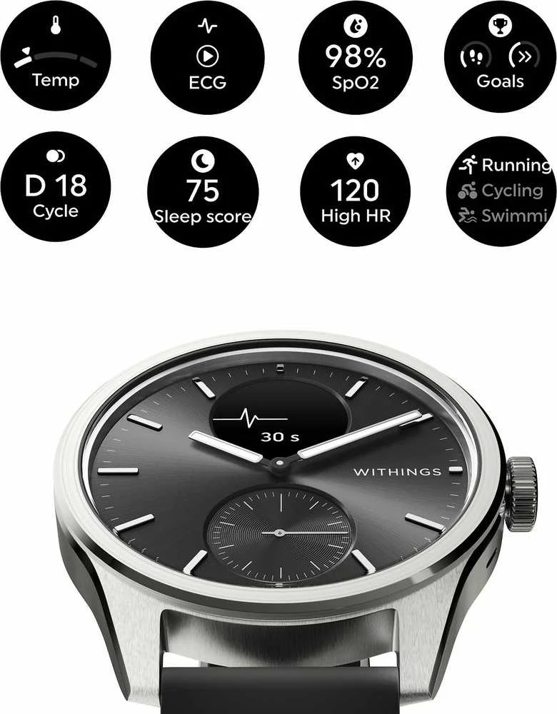 Išmanusis laikrodis Withings Scanwatch 2, 42 mm,  Sidabrinės spalvos korpusas su juodos spalvos dirželiu