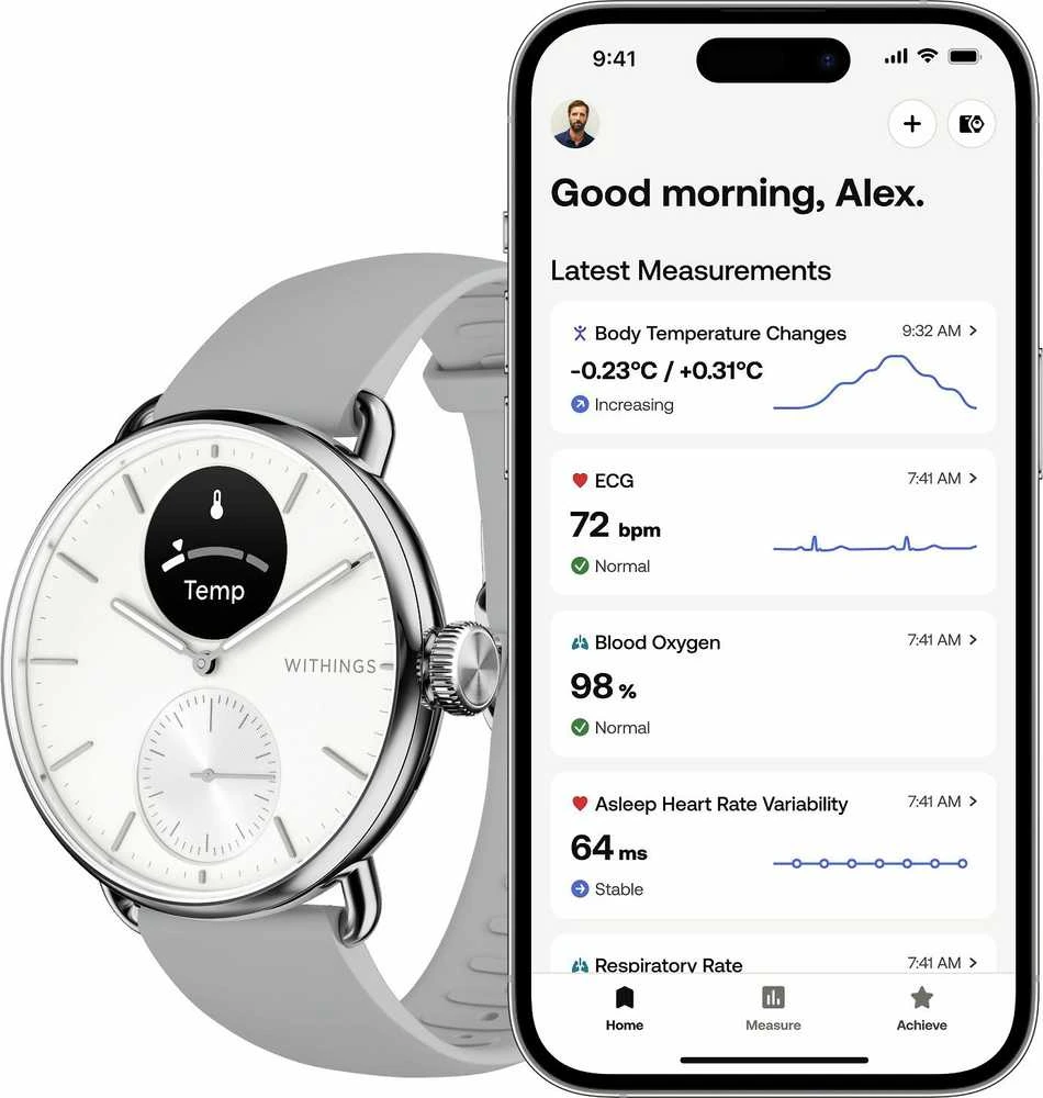 Išmanusis laikrodis Withings Scanwatch 2, 38 mm, Sidabrinės spalvos korpusas su baltos spalvos dirželiu