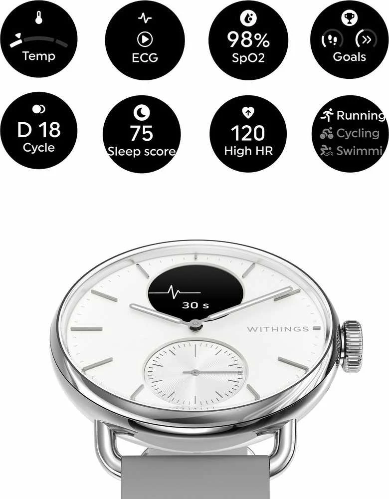 Išmanusis laikrodis Withings Scanwatch 2, 38 mm, Sidabrinės spalvos korpusas su baltos spalvos dirželiu