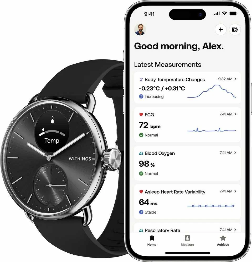 Išmanusis laikrodis Withings Scanwatch 2, 38 mm, Sidabrinės spalvos korpusas su juodos spalvos dirželiu