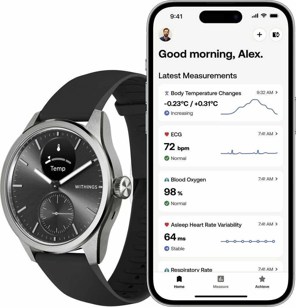 Išmanusis laikrodis Withings Scanwatch 2, 42 mm,  Sidabrinės spalvos korpusas su juodos spalvos dirželiu