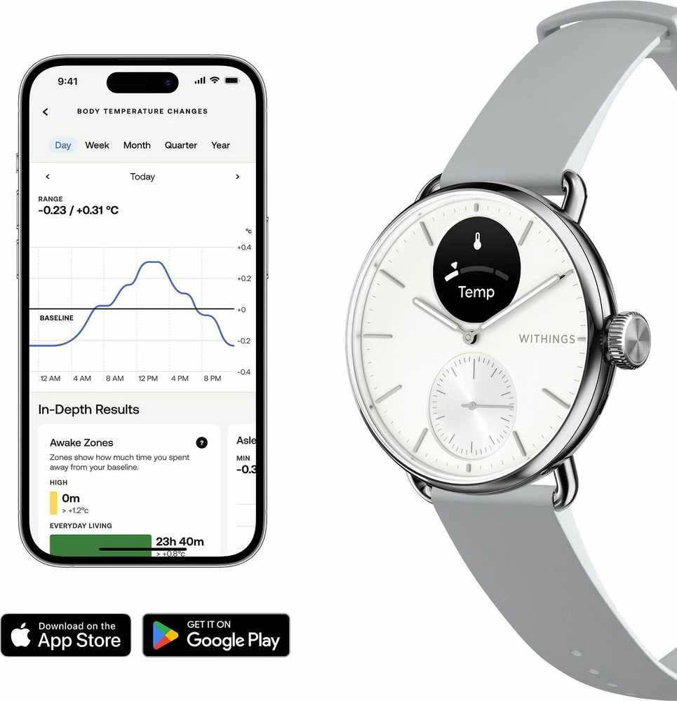 Išmanusis laikrodis Withings Scanwatch 2, 38 mm, Sidabrinės spalvos korpusas su baltos spalvos dirželiu