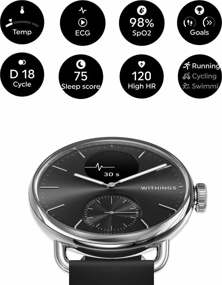 Išmanusis laikrodis Withings Scanwatch 2, 38 mm, Sidabrinės spalvos korpusas su juodos spalvos dirželiu